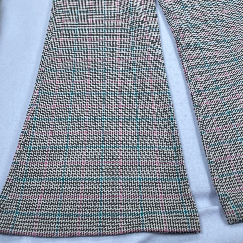 Crown & Ivy Womens Pink Teal Houndstooth Plaid Wide Leg Trousers Size 14